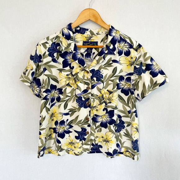 Island Traders Hawaiian Cropped Camp Shirt Yellow Purple Hibiscus Size XL - Picture 1 of 7